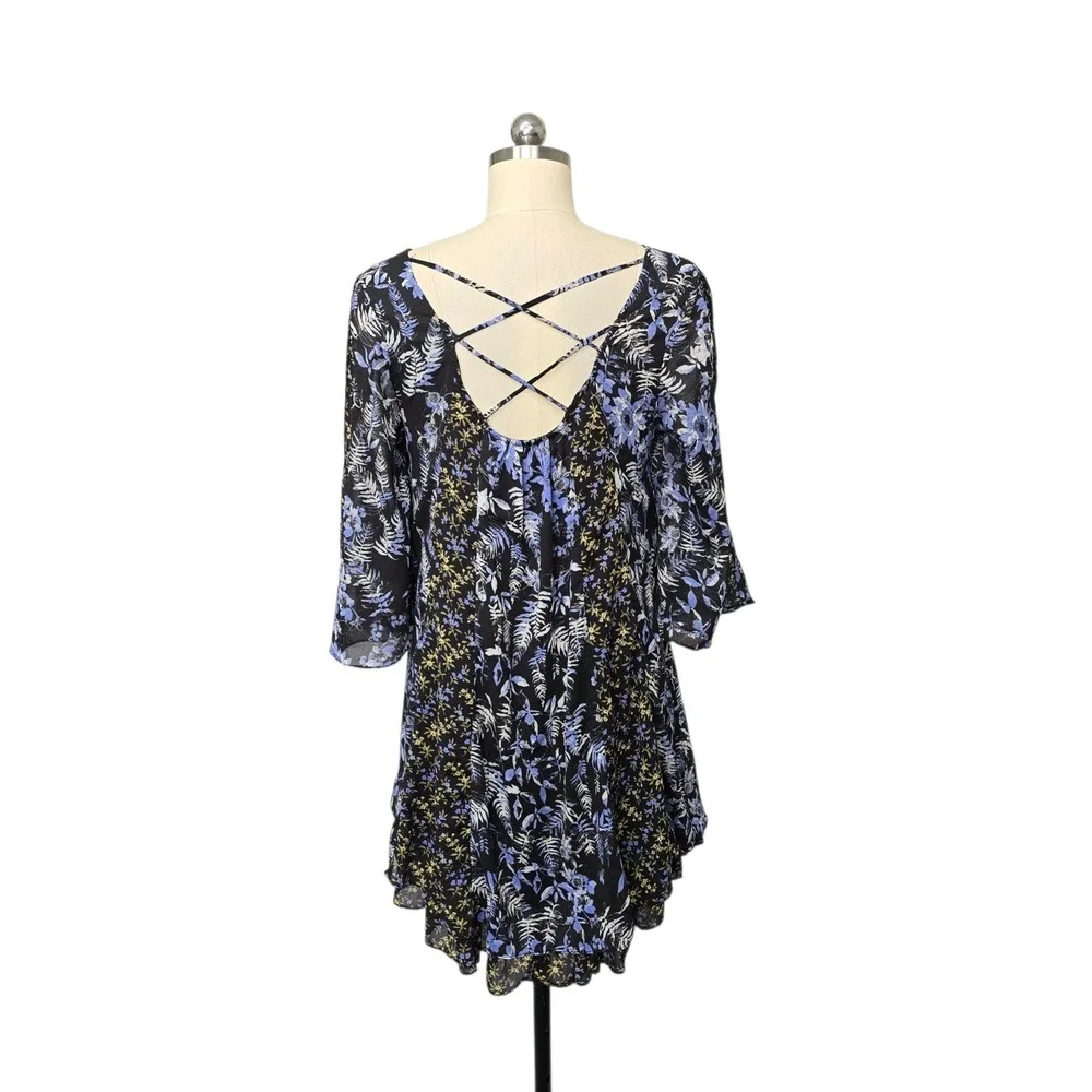 Free People Floral Crochet Yoke Mini Dress‎ Black Blue Strappy Back Size Small